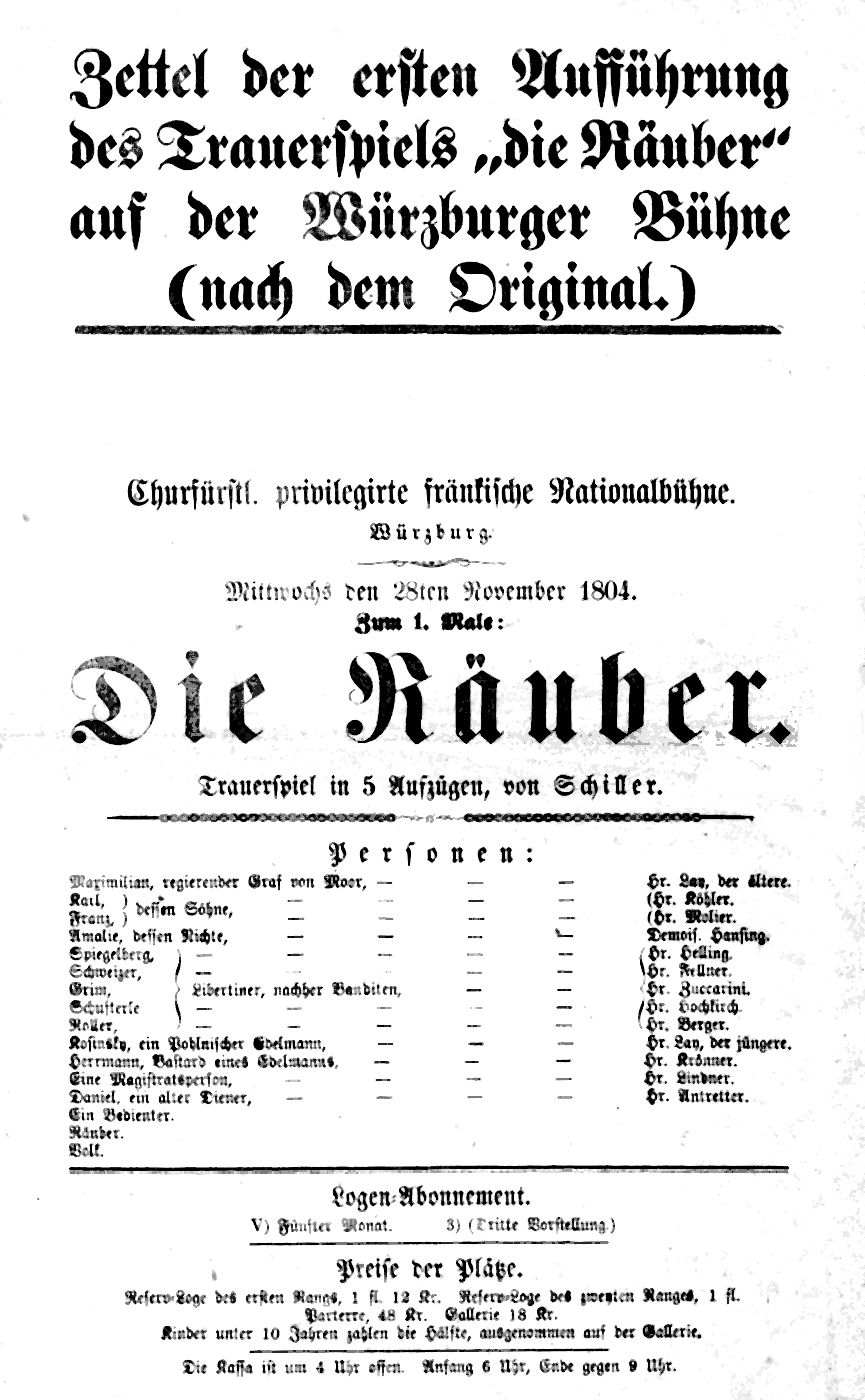 "Die Räuber" – Theaterzettel, 1804