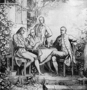 Schiller, Goethe und die Gebrüder Humboldt in einer Studie von Adolph Müller um 1797