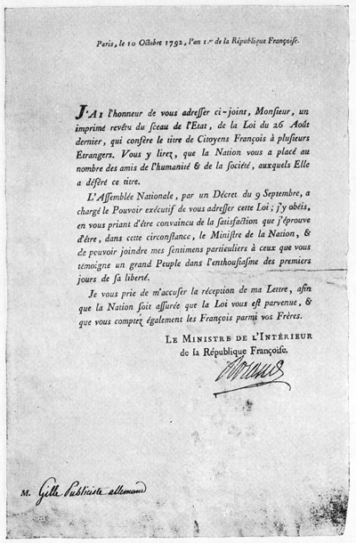 Schiller Urkunde zur Ehrenstaatsbürgerschaft in Frankreich