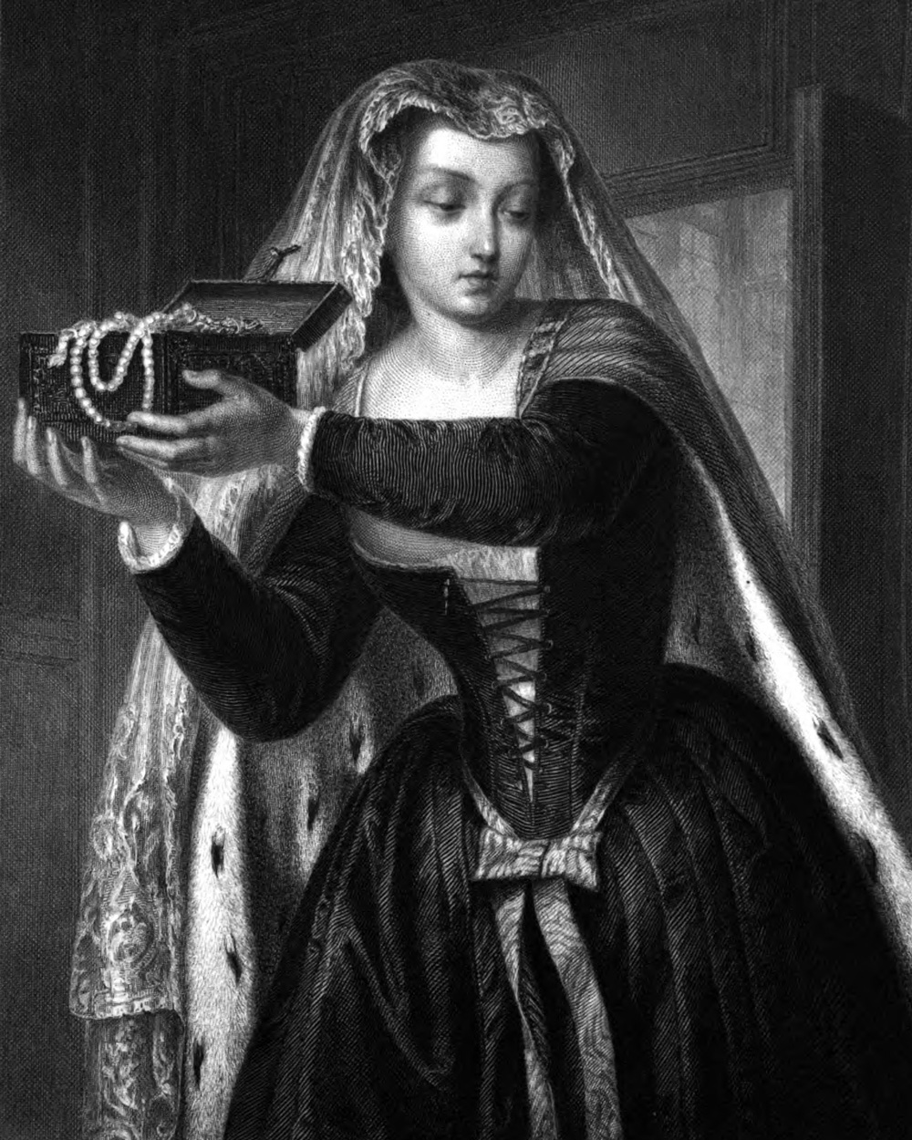 Agnes Sorel, Charakter aus dem Schiller-Drama Die Jugnfrau von Orleans, Zeichnung von Friedrich Pecht, 1859