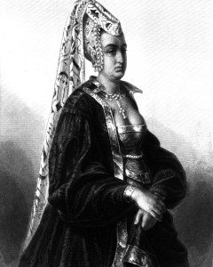Königin Isabeau, Charakter aus dem Schiller-Drama Die Jungfrau von Orleans, Zeichnung von Friedrich Pecht, 1859