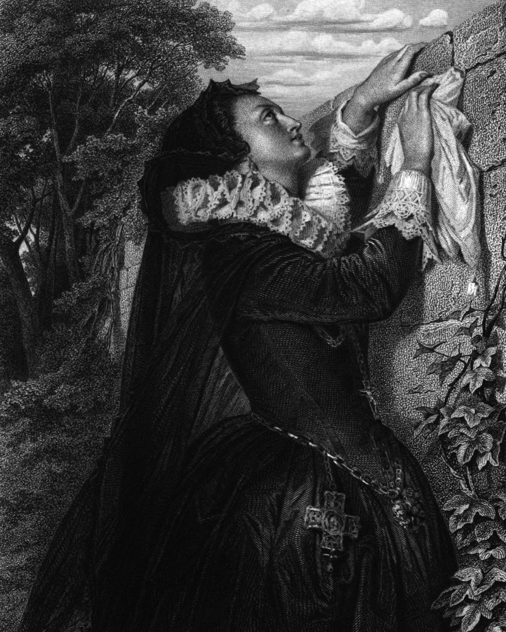 Maria Stuart, Charakter aus dem Schiller-Drama Maria Stuart, Zeichnung von Arthur von Ramberg, 1859