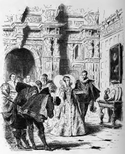 Maria Stuart, 2. Akt, 2. Szene: Königin Elisabeth geht zum Schein eine Verlobung mit einem Franzosen ein, um die Position von Maria Stuart zu schwächen.