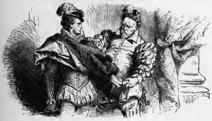 Maria Stuart, 2. Akt, 4. Szene: Der alte Paulet stellt der Königin seinen Neffen Mortimer vor, der ihr den Brief von Maria Stuart überreicht.