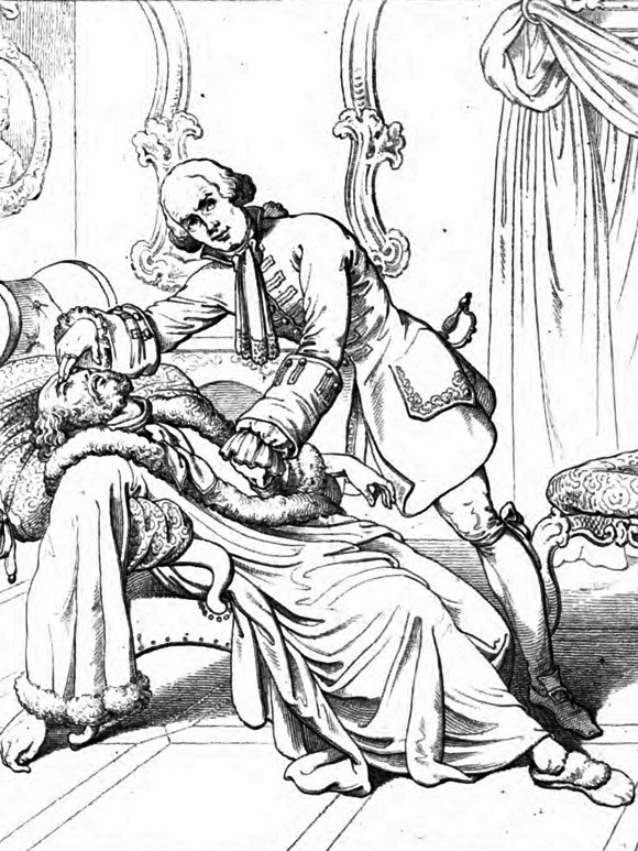 Friedrich Schiller "Die Räuber", 2. Akt 2. Szene: Franz Moor hat seinen Vater zu Tode erschreckt. Franz glaubt zunächst, dass sein Vater tot ist.