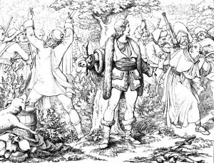 Friedrich Schiller "Die Räuber", 2. Akt 3. Szene: Karl Moor hält im Lager der Räuber dem Pater eine Strafpredigt.