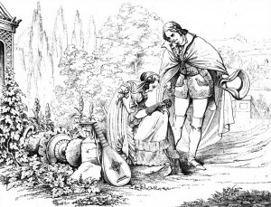 Friedrich Schiller "Die Räuber", 4. Akt 4. Szene: Der verkleidete Karl begegnet im Garten des väterlichen Schlosses Amalia, die ihrem Karl treu ergeben ist.