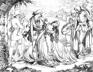 Friedrich Schiller "Die Räuber", 5. Akt 2. Szene: Karl erweist Amalia ihre letzte Bitte und ersticht sie, ehe er sich in die Hände der Gerichte übergibt.