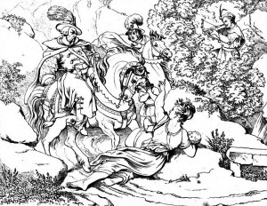 Friedrich Schiller "Wilhelm Tell" 4. Akt 3. Szene: in der hohlen Gasse lauert Wilhelm Tell Gessler auf und erschießt ihn mit der Armbrust, dem sich Armgard in den Weg geworfen hatte.
